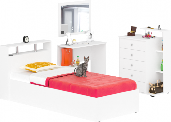 Камелия спальня № 7 Кровать 900 + Стол косметический + Зеркало + Комод, цвет белый, сп.м. 900х2000 мм., б/м, основание есть