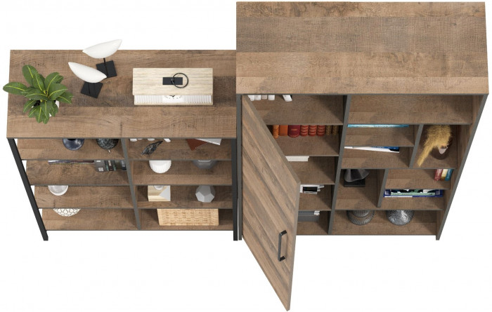 Трувор 13.151.02 Стеллаж + 13.206 Шкаф-стеллаж, цвет дуб гранж песочный/интра, ШхГхВ 183х37х194,2 см., универсальная сборка