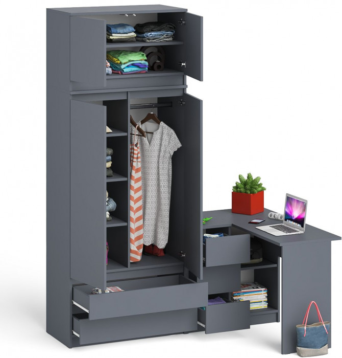 Мори Стол компьютерный МС-16 левый + Шкаф МШ900.1 + Антресоль МА900.1, цвет графит, ШхГхВ 214,8х84,9х234,2 см., выдвижные ящики слева, НЕ универс. сб.