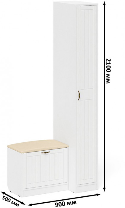 Прихожая П-6 Компоновка № 39, цвет белая шагрень/фасады МДФ белое дерево фрезеровка прованс, ШхГхВ 90х50х210 см., универсальная сборка