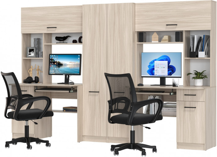 Два стола рабочих 6-0603 Альфа + два кресла 103 чёрных, ясень шимо светлый