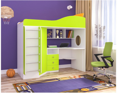 Кровать-чердак Кадет 1 с металлической лестницей (Белое дерево/Лайм)