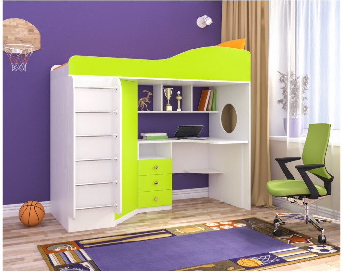 Кровать-чердак Кадет 1 с металлической лестницей (Белое дерево/Лайм)