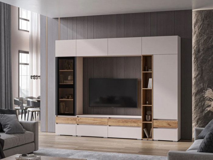 мс для гостиной Стоуби ПС-550 кашемир/кашемир+дуб крафт золотой+софт черный