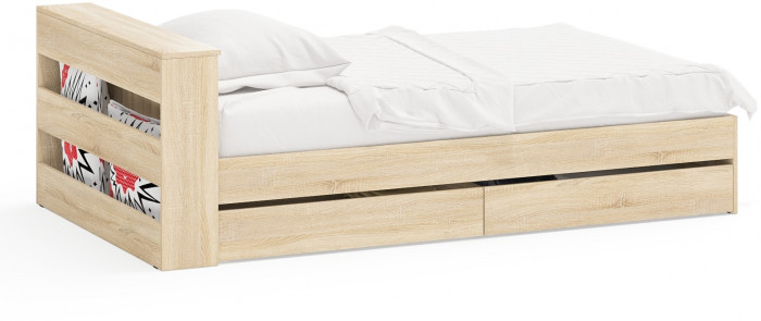Ксения Кровать с ящиками 1200, цвет дуб сонома, ШхГхВ 126,4х221,6х72 см., сп.м. 1200х2000 мм., без матраса, основание есть, универсальная сборка