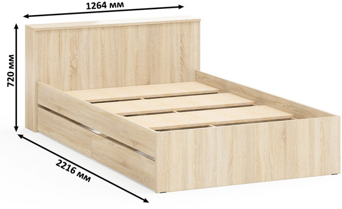 Ксения Кровать с ящиками 1200, цвет дуб сонома, ШхГхВ 126,4х221,6х72 см., сп.м. 1200х2000 мм., без матраса, основание есть, универсальная сборка