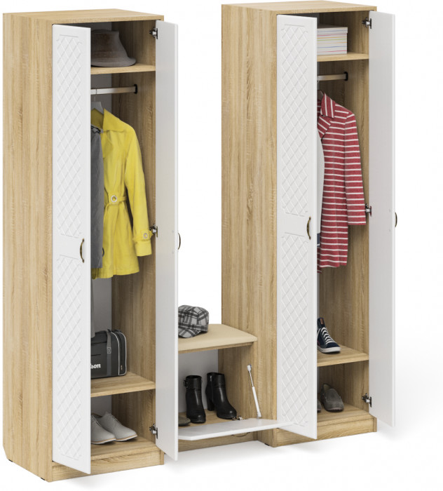 Прихожая П-6 Компоновка № 07, цвет дуб сонома/фасады МДФ белое дерево фрезеровка ромб, ШхГхВ 180х50х210 см., универсальная сборка