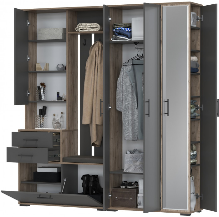 Прихожая Домино 5, цвет дуб крафт табачный/графит, ШхГхВ 188х36х202 см., универсальная сборка