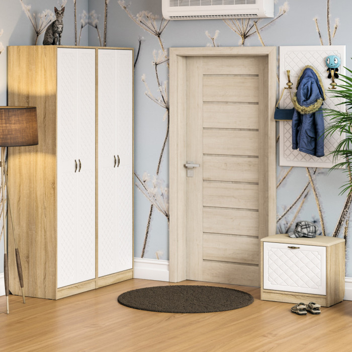 Прихожая П-6 Тумба + Вешалка, цвет дуб сонома/фасады МДФ белое дерево фрезеровка ромб, ШхГхВ 60х35х200 см.