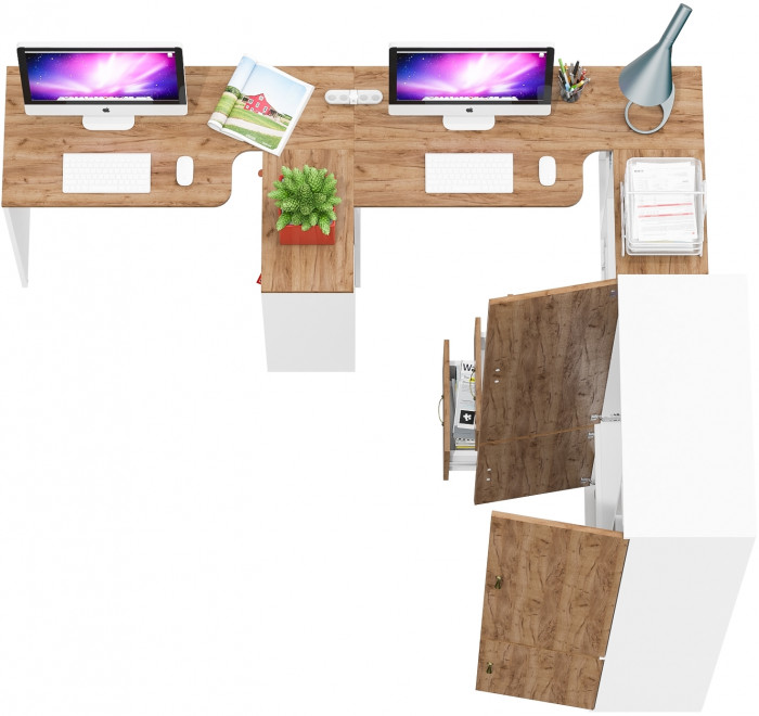 Лидер-8 Стол + Стол + Шкаф МД 20Б + Тумба МД 3.16, цвет белый шагрень/крафт золото, ШхГхВ 450х50/37,5х75/190 или 230х200/50х75/190 см., НЕ ун. сб.