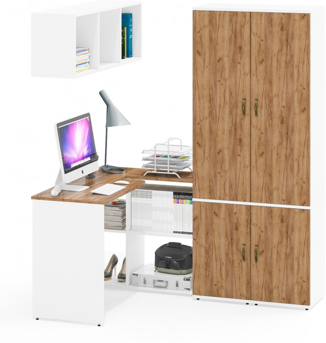 Лидер-8 Стол + Полка + Пенал МД 21Б + Пенал МД 21Б, цвет белый шагрень/крафт золото, ШхГхВ 245х50/37,5х75/190 или 115х160/50х75/190 см., НЕ ун. сб.