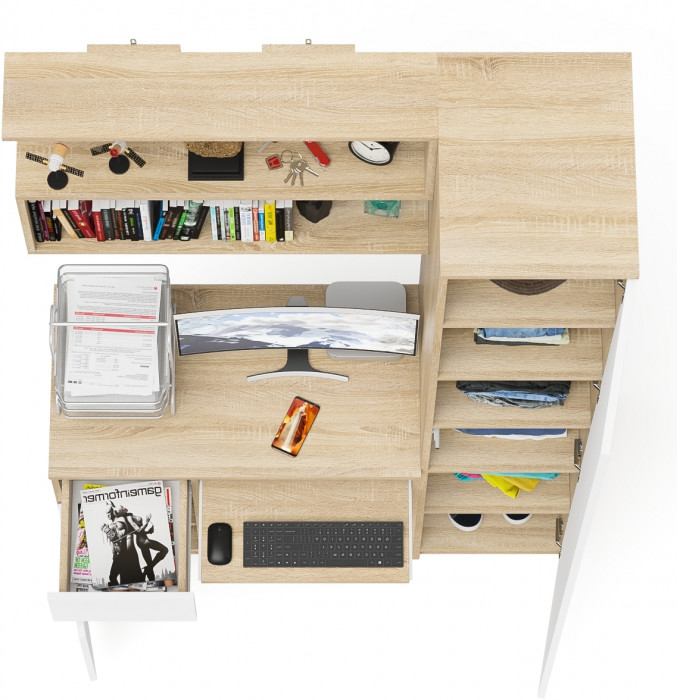 Мори Стол компьютерный МС-1 левый + Пенал МШ400.1 + Полка 900, цвет дуб сонома/белый, ШхГхВ 130,4х50,4х209,6 см., НЕ универсальная сборка