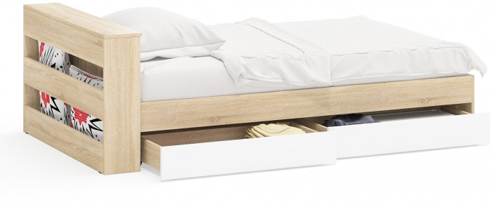 Ксения Кровать с ящиками 1200, цвет дуб сонома/белый, ШхГхВ 126,4х221,6х72 см., сп.м. 1200х2000 мм., без матраса, основание есть, ун. сб.