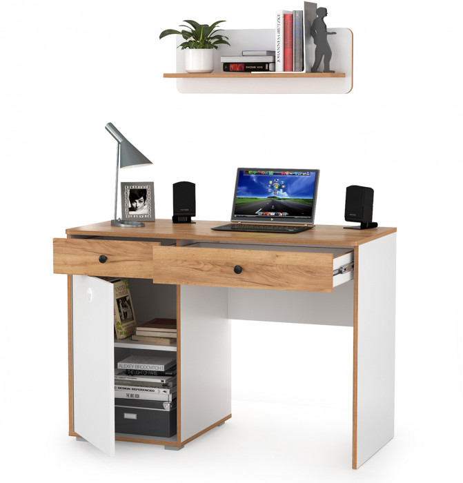 Вуди Стол письменный 12.42 + Полка 15.46, цвет белый премиум/дуб крафт золотой, ШхГхВ 110х52,7х170 см., универсальная сборка