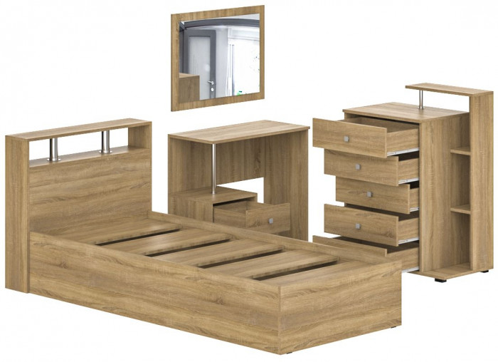 Камелия спальня № 7 Кровать 900 + Стол косметический + Зеркало + Комод, цвет дуб сонома, сп.м. 900х2000 мм., б/м, основание есть