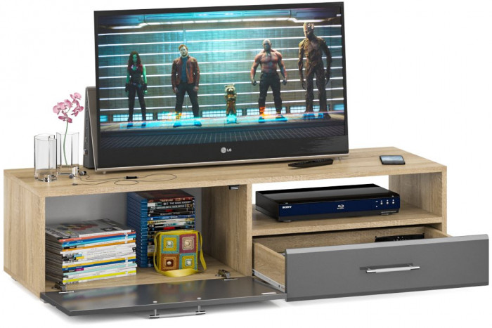 Тумба под ТВ Ларго 1,4, цвет корпус дуб сонома/фасады МДФ графитово-серый глянец, ШхГхВ 140х46х35 см., НЕ универсальная сборка