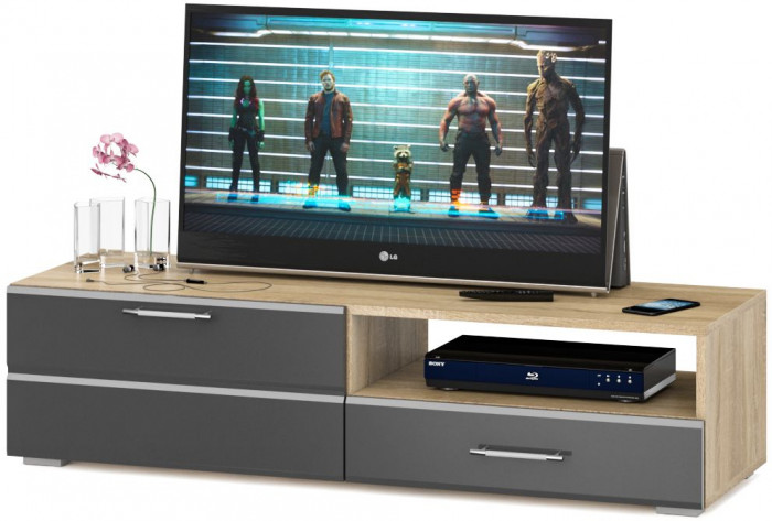 Тумба под ТВ Ларго 1,4, цвет корпус дуб сонома/фасады МДФ графитово-серый глянец, ШхГхВ 140х46х35 см., НЕ универсальная сборка