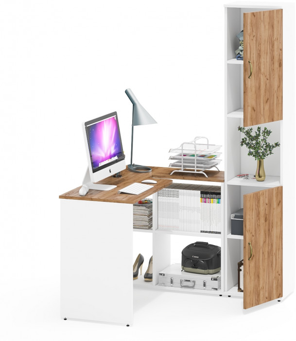 Лидер-8 Стол + Пенал, цвет белый шагрень/крафт золото, ШхГхВ 205х50/30х75/190 см. или 115х50/120х75/190 см., НЕ универсальная сборка