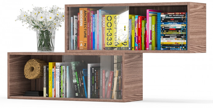 Две полки книжных С-МД-КН01, цвет ясень шимо тёмный, ШхГхВ размер каждой полки в отдельности: 83х25х30 см., стеклянные дверцы