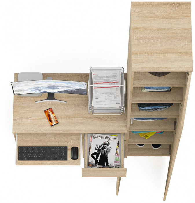 Мори Стол компьютерный МС-1 правый + Пенал МШ400.1, цвет дуб сонома, ШхГхВ 130,4х50,4х209,6 см., выдвижной ящик справа, НЕ универсальная сборка