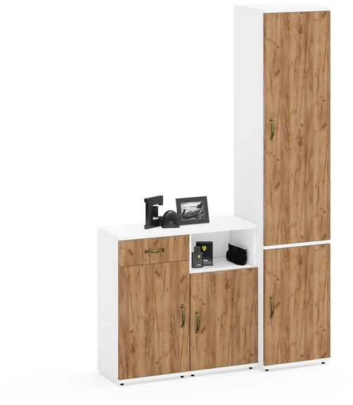 Лидер-8 Пенал МД 22Б + Тумба МД 3.15 + Тумба МД 3.19, цвет белый шагрень/крафт золото, ШхГхВ 120х37,5х190 см., универсальная сборка