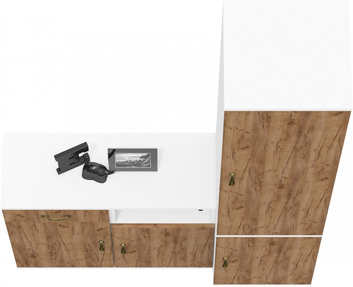 Лидер-8 Пенал МД 22Б + Тумба МД 3.15 + Тумба МД 3.19, цвет белый шагрень/крафт золото, ШхГхВ 120х37,5х190 см., универсальная сборка