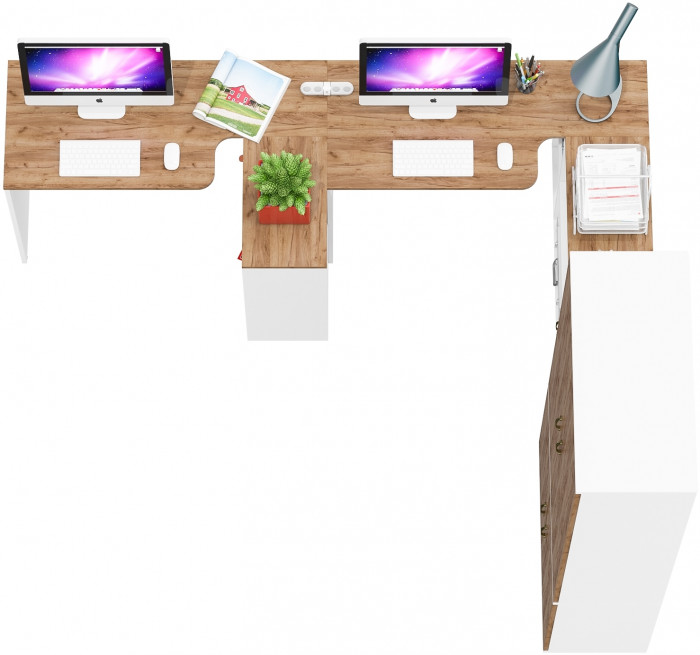 Лидер-8 Стол + Стол + Шкаф МД 20Б + Тумба МД 3.19, цвет белый шагрень/крафт золото, ШхГхВ 450х50/37,5х75/190 или 230х200/50х75/190 см., НЕ ун. сб.