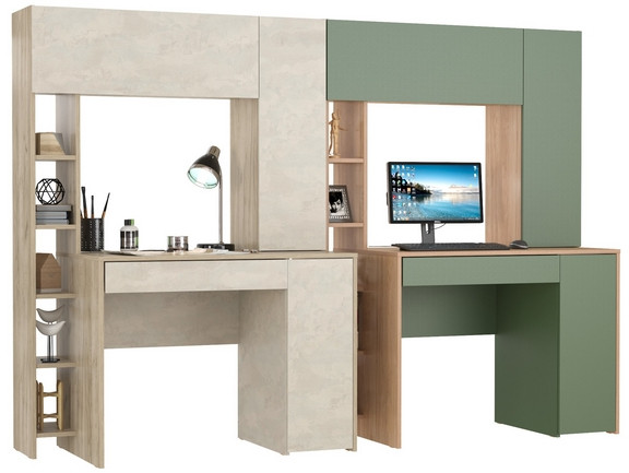 КР100 Два стола компьютерных Комфорт 12.71, цвет дуб крафт серый/шёлковый камень/гикори рокфорд натур./дымчатый зел., 233,4х60,2х165,4 см., НЕ ун. сб.