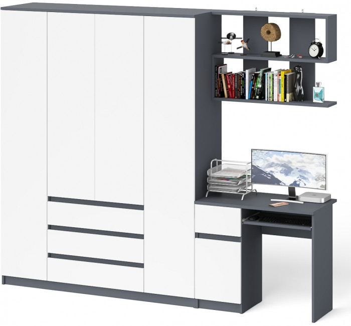 Мори компьютерный стол МС-1 левый + Шкаф МШ1600.1 + Полка 900, графит/белый