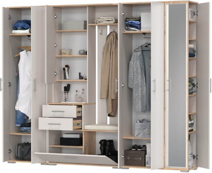 Прихожая Домино 6, цвет дуб крафт золотой/кашемир серый, ШхГхВ 248х36х202 см., универсальная сборка