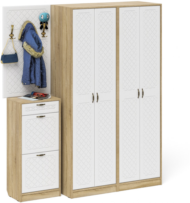 Прихожая П-6 Компоновка № 15, цвет дуб сонома/фасады МДФ белое дерево фрезеровка ромб, ШхГхВ 180х50х210 см., универсальная сборка