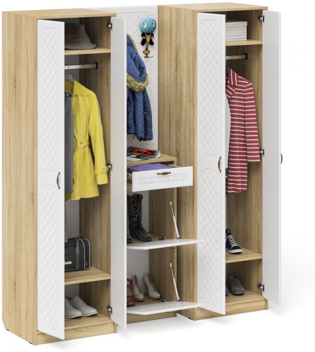 Прихожая П-6 Компоновка № 15, цвет дуб сонома/фасады МДФ белое дерево фрезеровка ромб, ШхГхВ 180х50х210 см., универсальная сборка