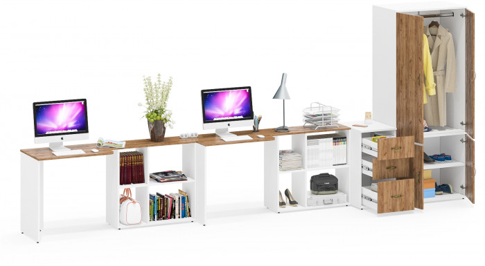 Лидер-8 Стол + Стол + Шкаф МД 19Б + Тумба МД 3.16, белый шагрень/крафт золото