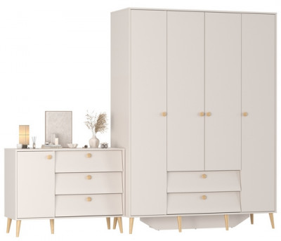 Афина Спальня Шкаф 4-х дверный + Комод с дверкой и тремя ящиками, цвет кашемир серый, ШхГхВ 160х56,3х220 + 110х45,3х83 см., универсальная сборка