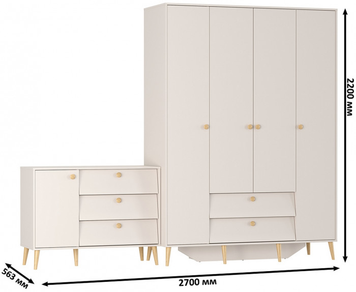 Афина Спальня Шкаф 4-х дверный + Комод с дверкой и тремя ящиками, цвет кашемир серый, ШхГхВ 160х56,3х220 + 110х45,3х83 см., универсальная сборка