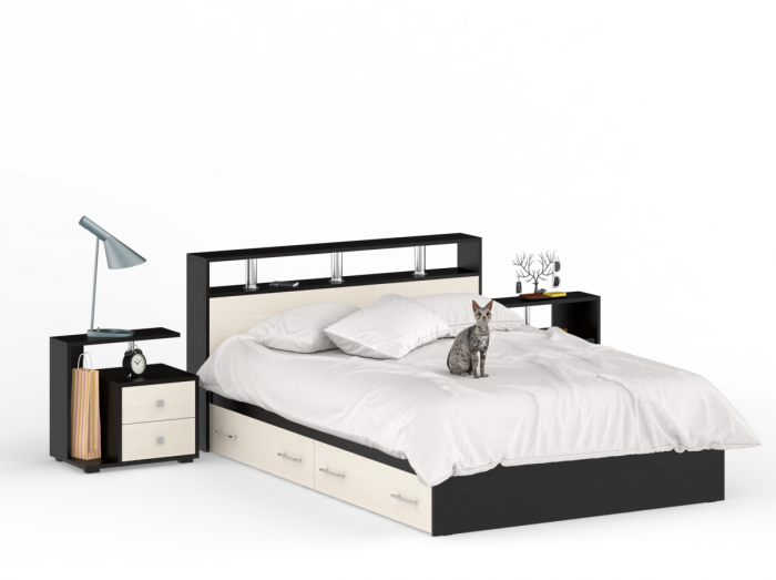 Камелия спальня № 8 Кровать с ящиками 1400 + Две тумбы + Шкаф 4-х створчатый, цвет венге/дуб лоредо, сп.м. 1400х2000 мм., б/м, основание есть