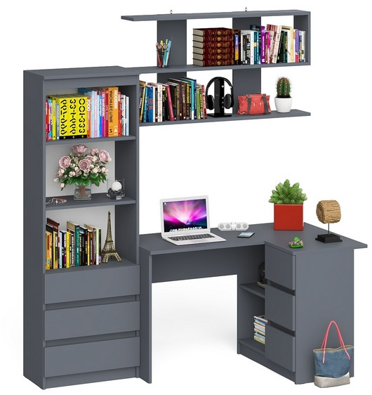 Мори компьютерный стол МС-16 правый + Стеллаж МСТ600.3 + Полка 1200, графит