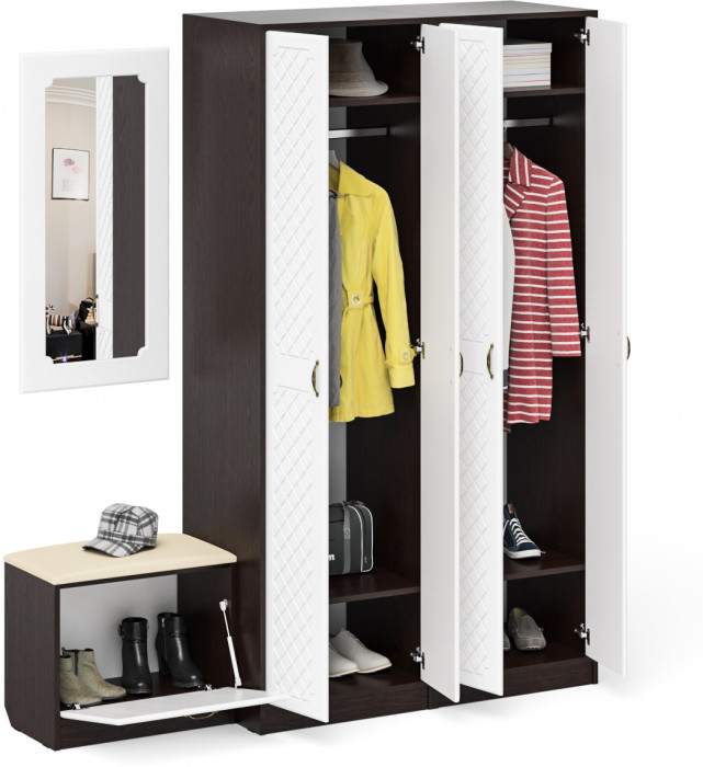 Прихожая П-6 Компоновка № 08, цвет венге/фасады МДФ белое дерево фрезеровка ромб, ШхГхВ 180х50х210 см., универсальная сборка