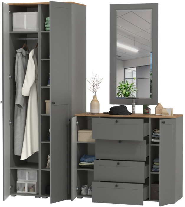 Остин Прихожая 32, цвет серый графит/дуб крафт золотой, ШхГхВ 200х54,3х229,6 см., универсальная сборка