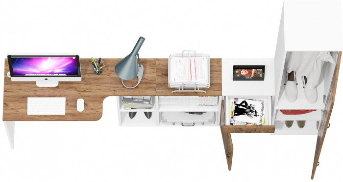 Лидер-8 Стол + Тумба МД 3.15 + Пенал МД 21Б, цвет белый шагрень/крафт золото, ШхГхВ 245х50/37,5х75/190 или 115х160/50х75/190 см., НЕ ун. сборка