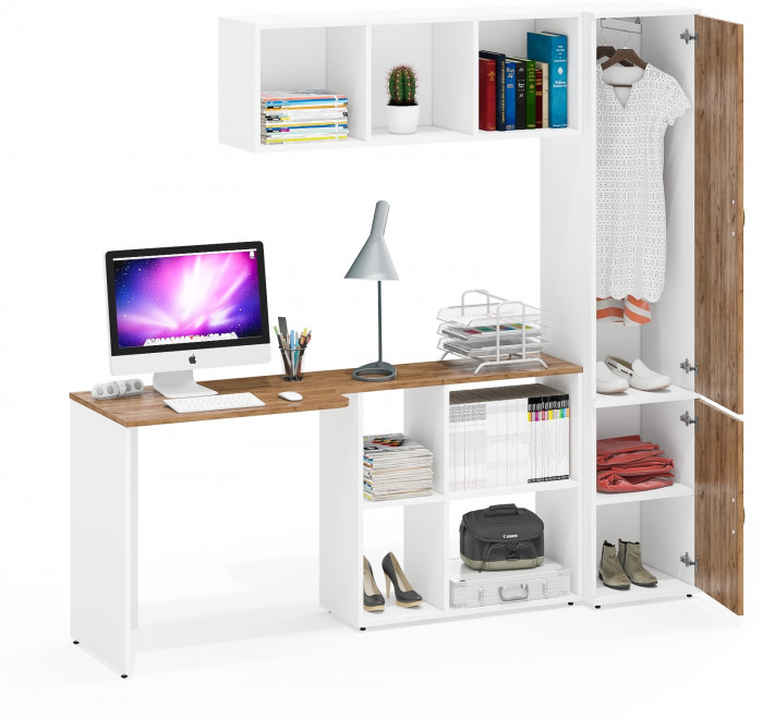 Лидер-8 Стол + Полка + Пенал МД 21Б, цвет белый шагрень/крафт золото, ШхГхВ 205х50/37,5х75/190 или 115х50/120х75/190 см., НЕ универсальная сборка