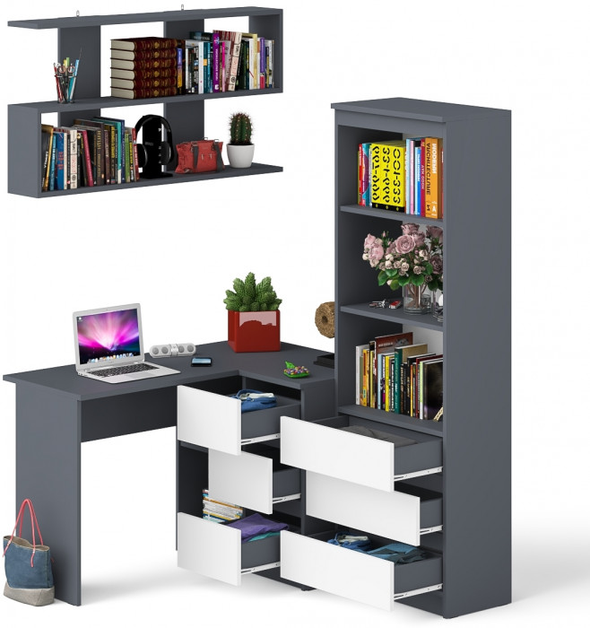 Мори компьютерный стол МС-16 правый + Стеллаж МСТ600.3 + Полка 1200, графит/белый