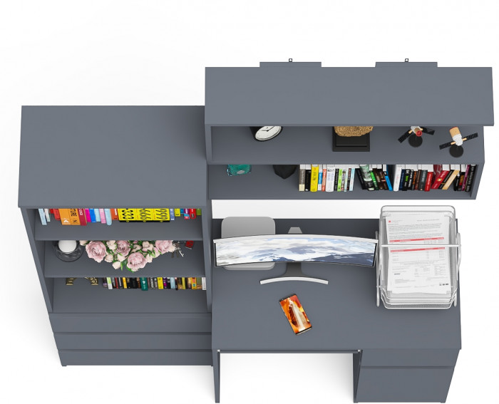 Мори Стол компьютерный МС-1 правый + Стеллаж МСТ600.3 + Полка 900, цвет графит, ШхГхВ 150,4х50х209,6 см., НЕ универсальная сборка