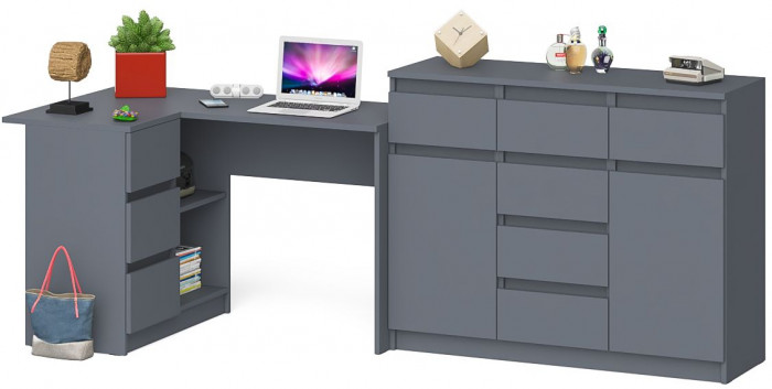 Мори Стол компьютерный МС-16 левый + Комод МК1200.4, цвет графит, ШхГхВ 244,8х84,9х94 см., выдвижные ящики слева, НЕ универсальная сборка