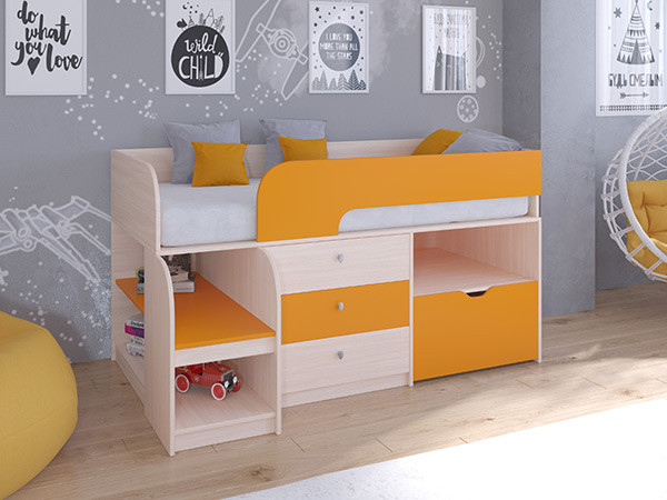Кровать чердак Астра 9 V5 Дуб молочный/Оранжевый