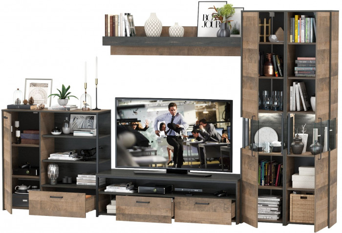 Трувор Гостиная 035, цвет дуб гранж песочный/интра, ШхГхВ 348,4х45,4х210 см., универсальная сборка