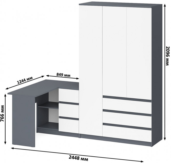 Мори Стол компьютерный МС-16 правый + Шкаф МШ1200.1, цвет графит/белый, ШхГхВ 244,8х84,9х209,6 см., выдвижные ящики справа, НЕ универсальная сборка