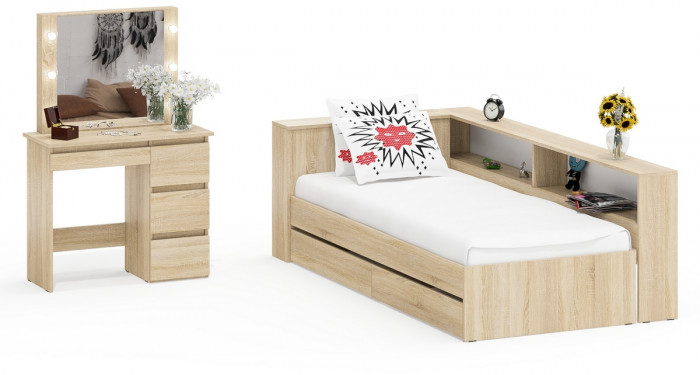 Ксения Кровать с ящиками 0900 + прикроватный блок + Столик с подсветкой Сура, дуб сонома