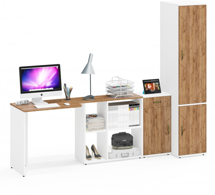 Лидер-8 Стол + Тумба МД 3.15 + Пенал МД 23Б, цвет белый шагрень/крафт золото, ШхГхВ 245х50/37,5х75/190 или 115х160/50х75/190 см., НЕ ун. сборка