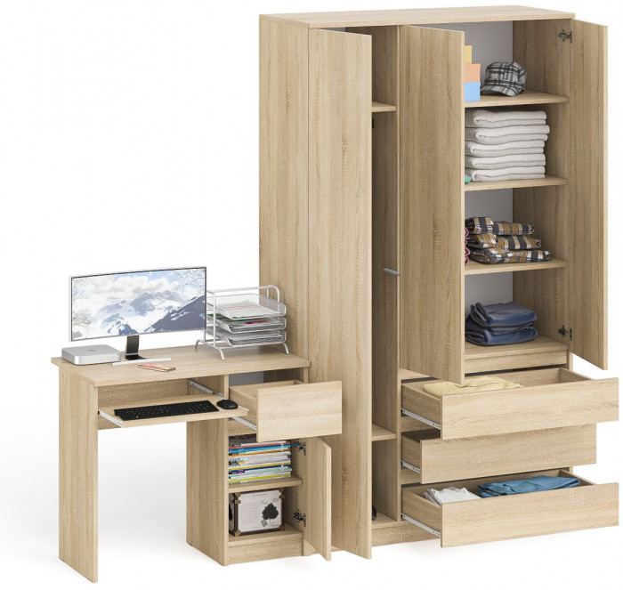 Мори Стол компьютерный МС-1 правый + Шкаф МШ1200.1, цвет дуб сонома, ШхГхВ 210,4х50,4х209,6 см., выдвижной ящик справа, НЕ универсальная сборка